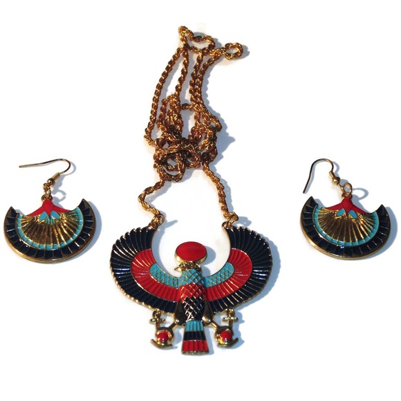 Costume Jewelry Egyptian Necklace Pendant Earrings Set Goddess Enamel Horus - Picture 1 of 4